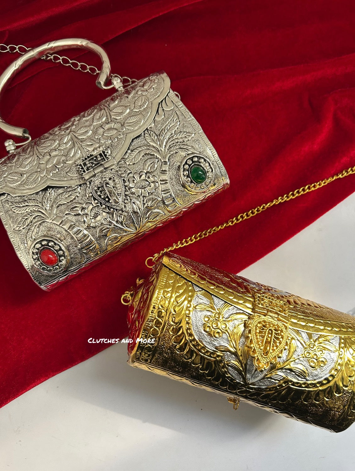 Silver Brass Clutch With Handle and Chain