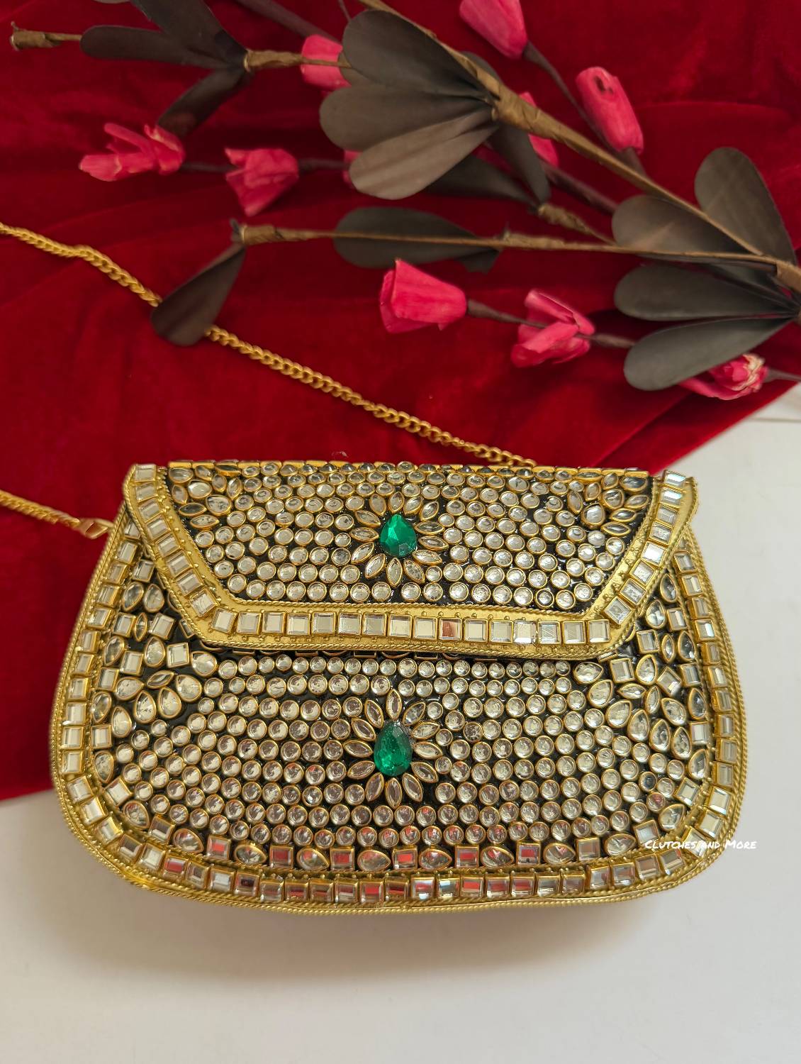 Kasika Kundan Brass Clutch Green Gold