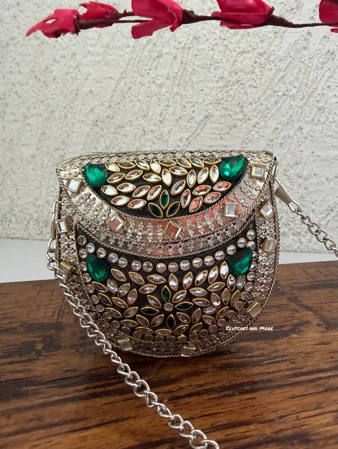Kasika Kundan Brass Clutch Mini Silver