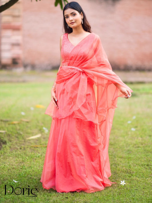 Peach Organza Pre Draped Saree Lehenga by Dorie