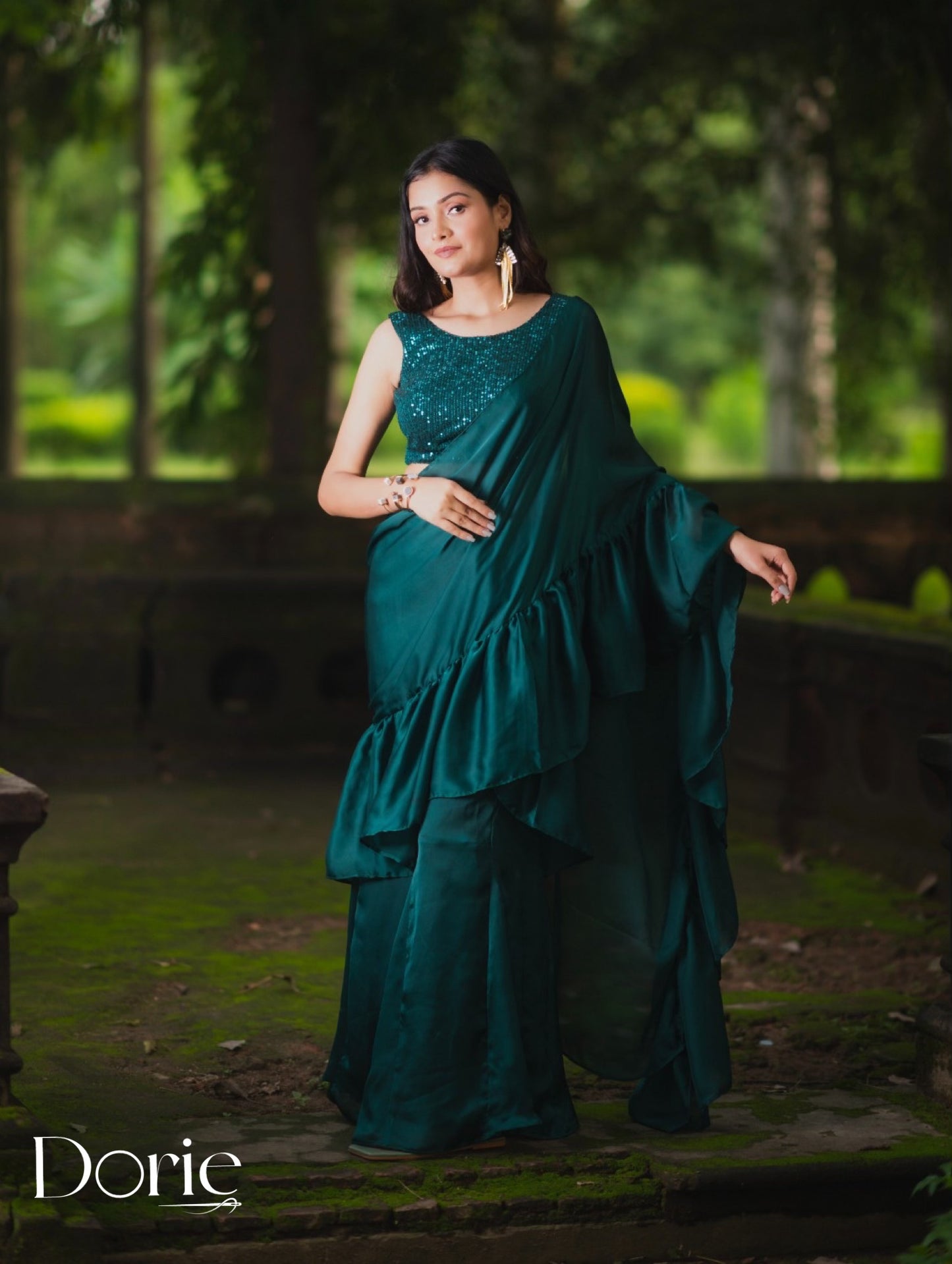 Green Satin Pre Draped Plazzo Saree by Dorie