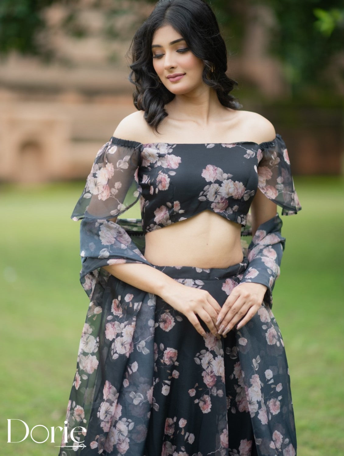 Black Floral Organza Lehenga by Dorie