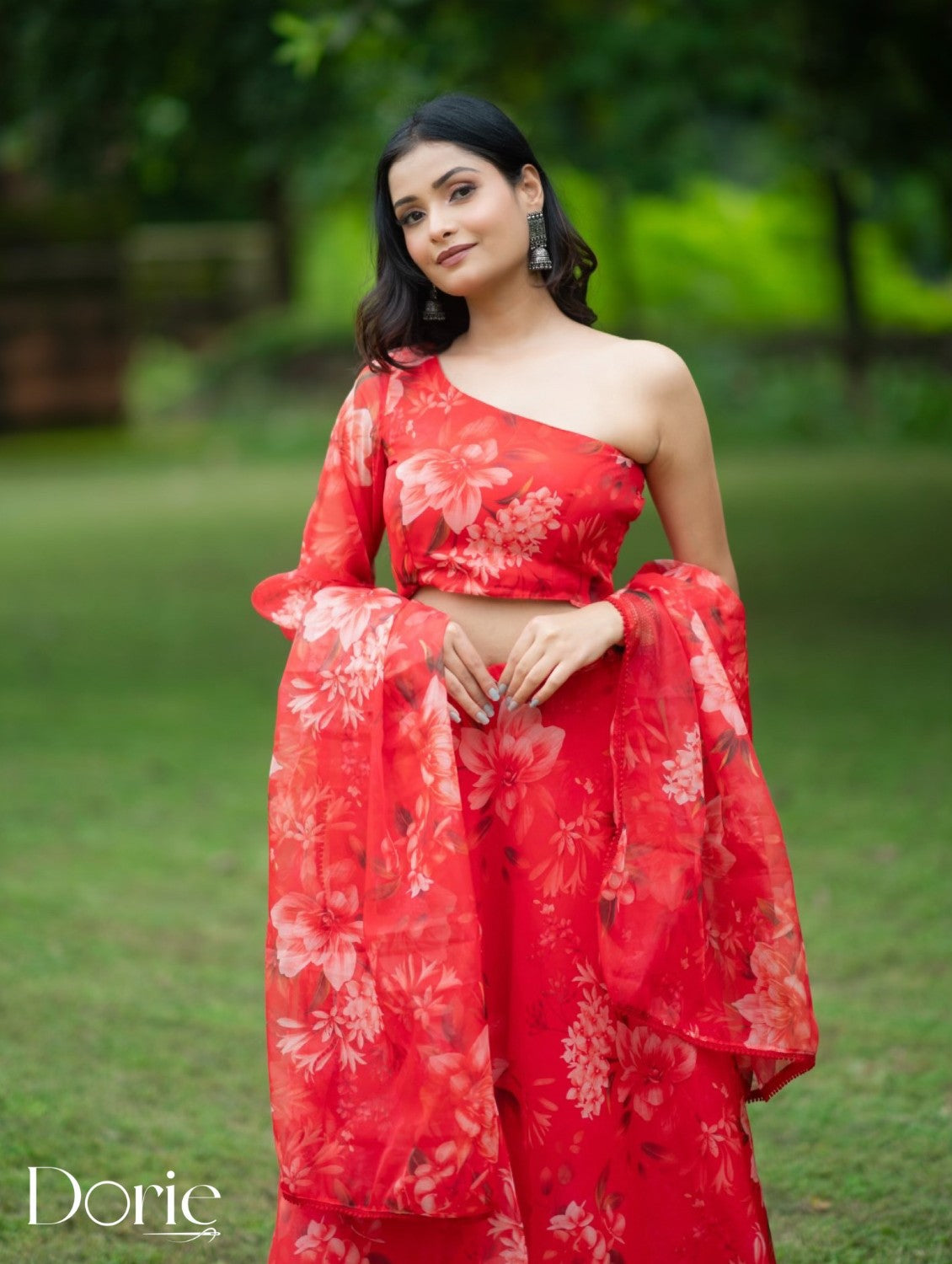 Red Organza Lehenga by Dorie