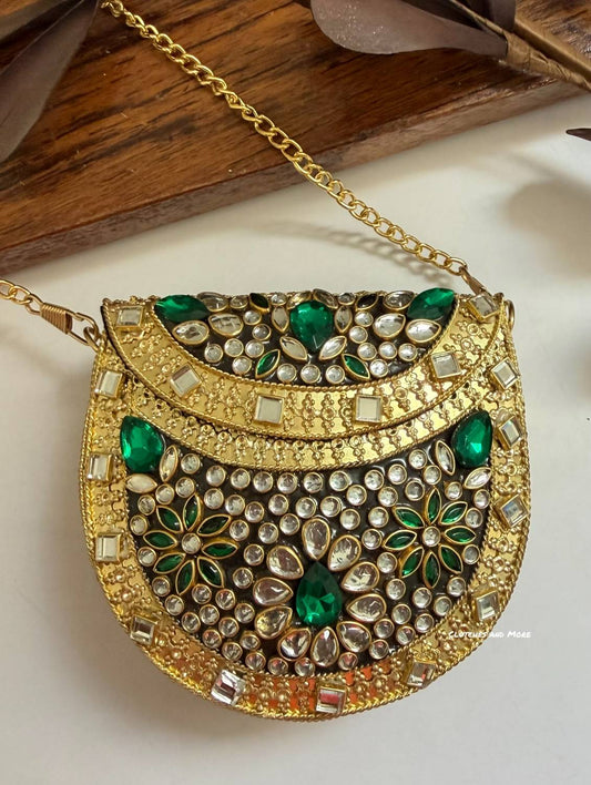 Kasika Kundan Brass Clutch Mini Green