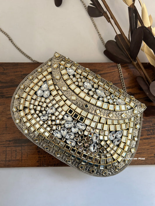 Kasika Kundan Brass Clutch Silver White