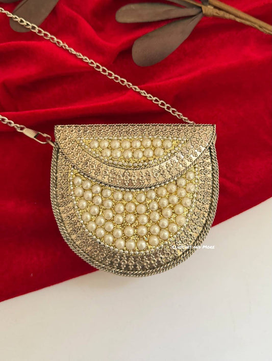 Kasika Kundan Brass Clutch Mini Silver Pearl