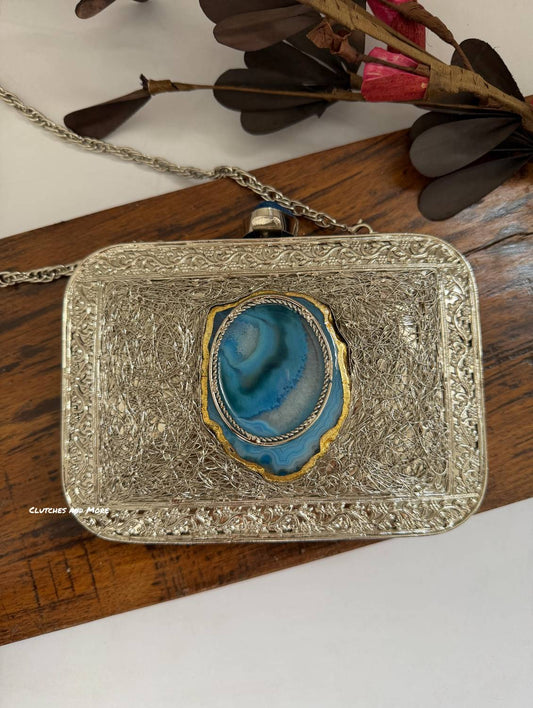 Aqua Mother of Pearl luxury clutch Silver