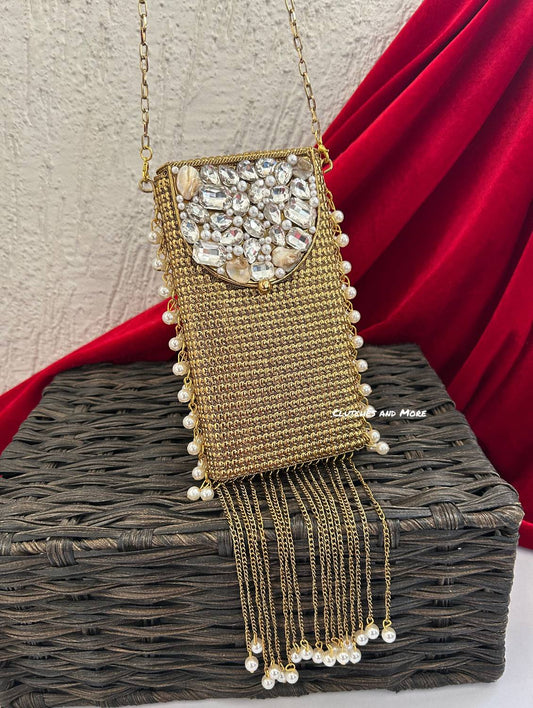 Brass Mother of Pearl Mobile Bag Gold