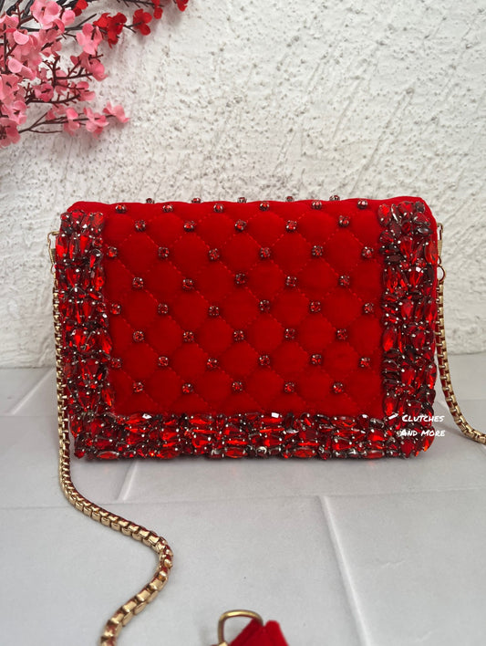 Stone Studded Red Flap Clutch Bag