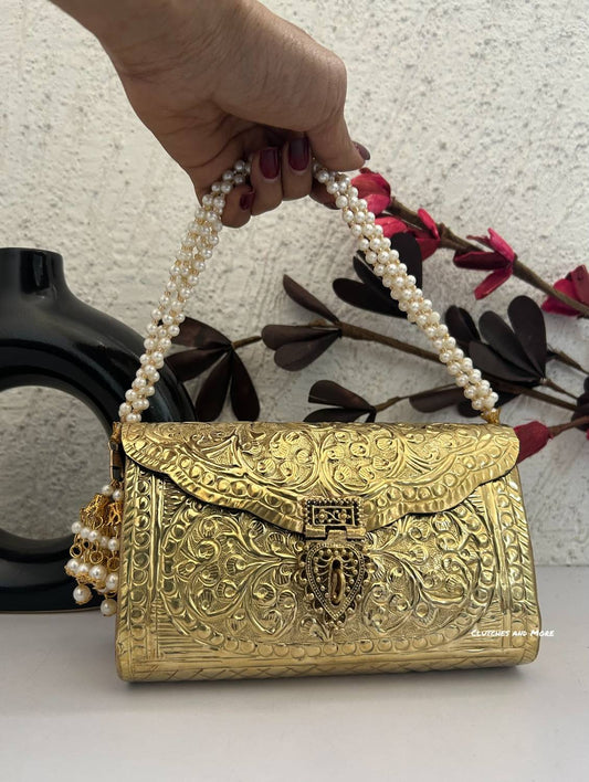 Gold Brass Clutch with Pearls