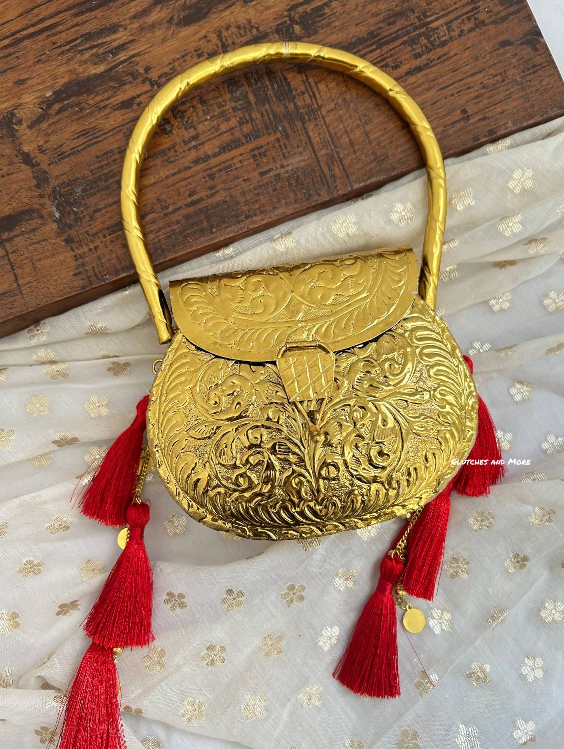 Ridhima Brass Clutch with Tassles (Red)