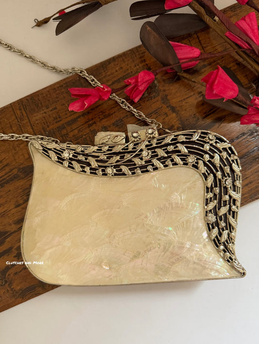Mehbooba Mother of Pearl Clutch White Silver