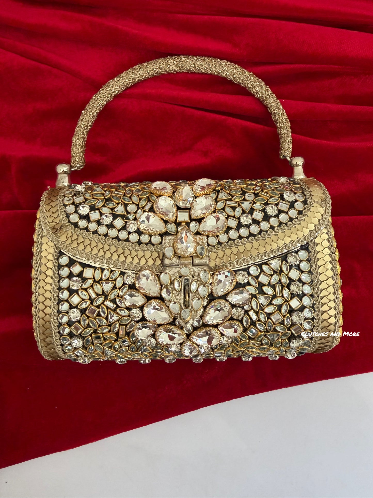 Mehnaaz Kundan Brass Clutch Gold White
