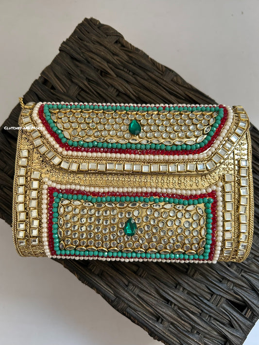 Kasika Kundan Brass Clutch Multicolored