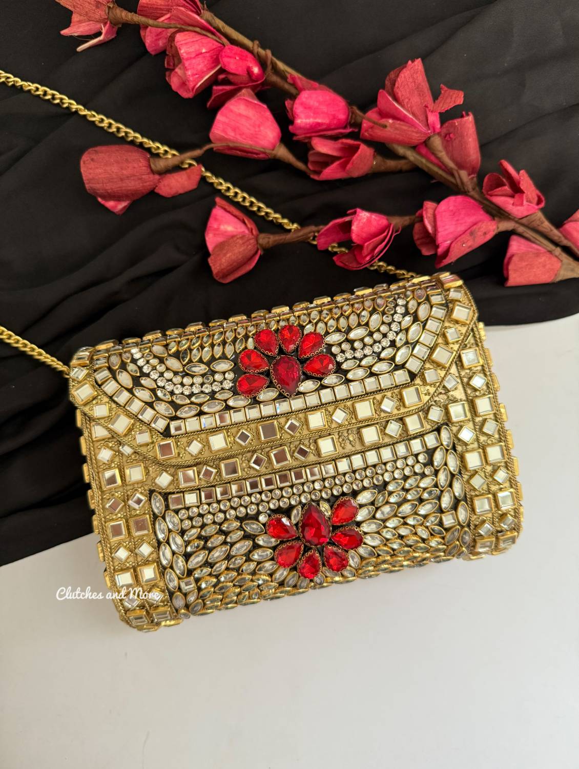 Kashish Kundan Brass Clutch Gold Red