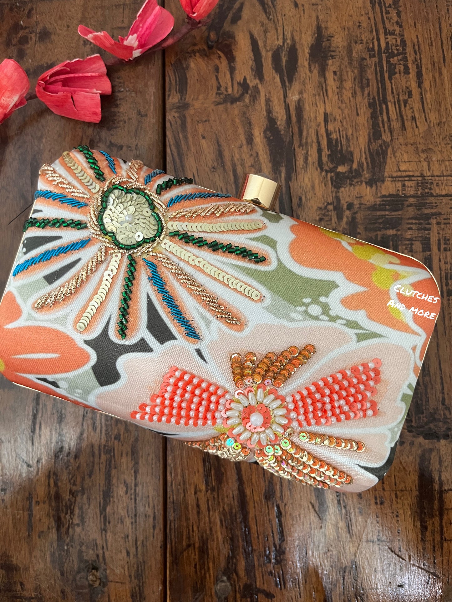 Orange and white Floral clutch