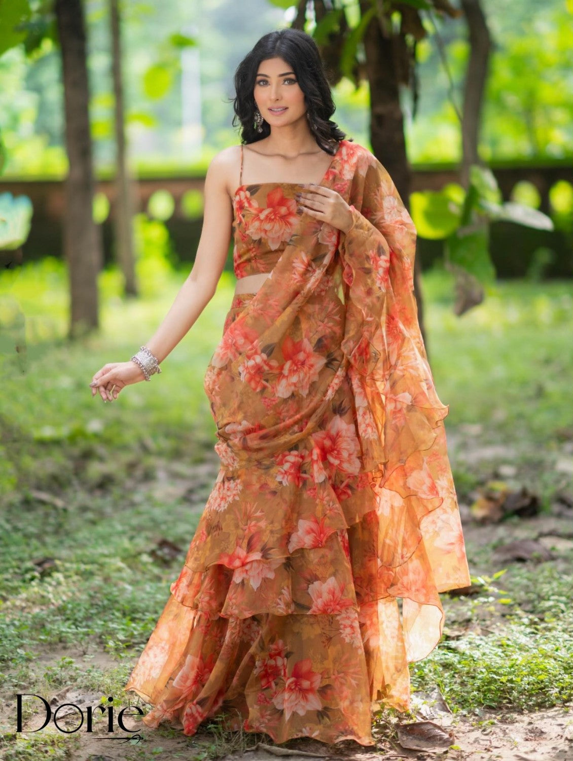 Mustard Yellow Organza Pre Draped Saree by Dorie