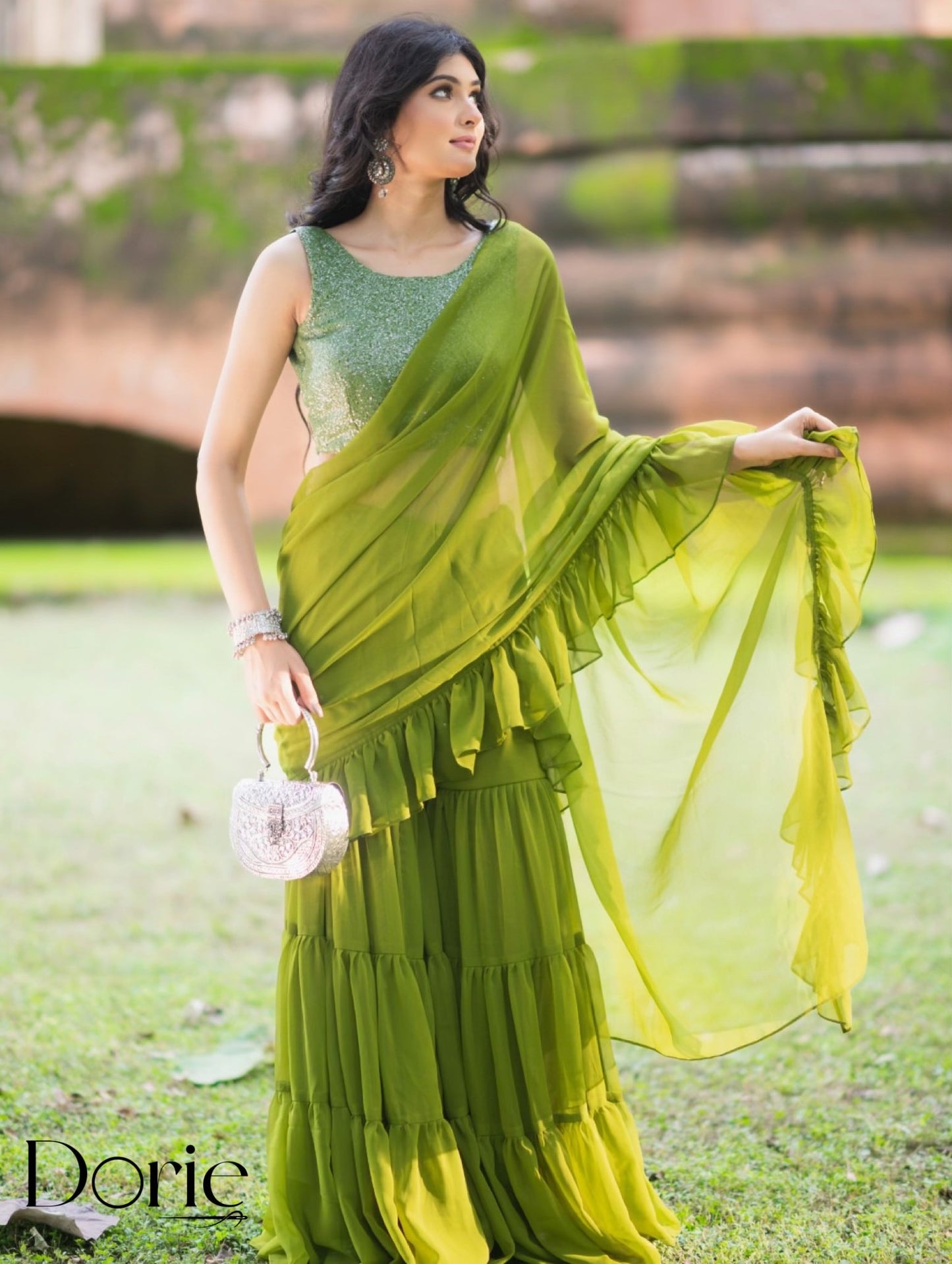 Green Georgette Pre Draped Sharara Saree by Dorie