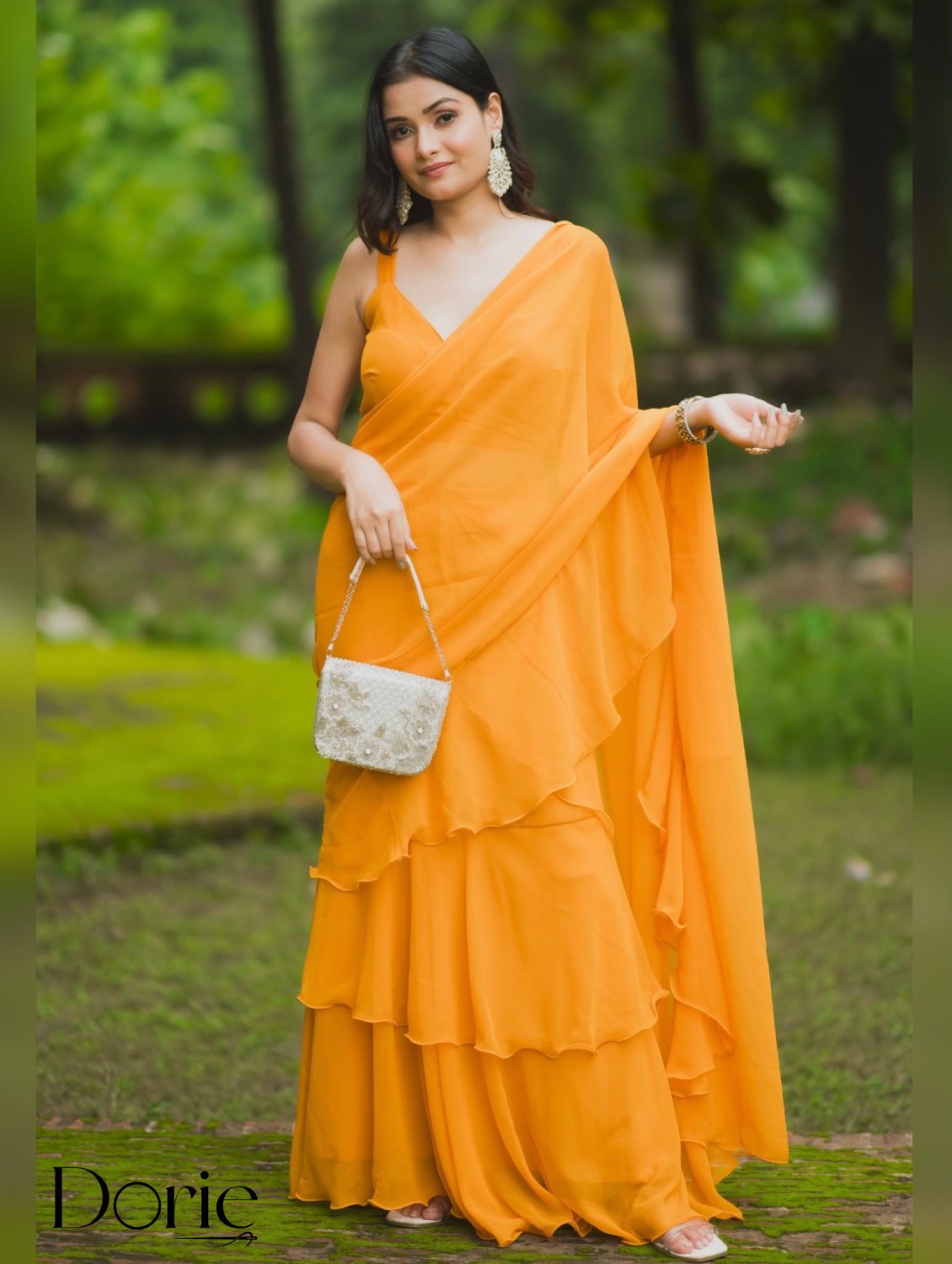 Yellow Georgette Pre Draped Saree by Dorie