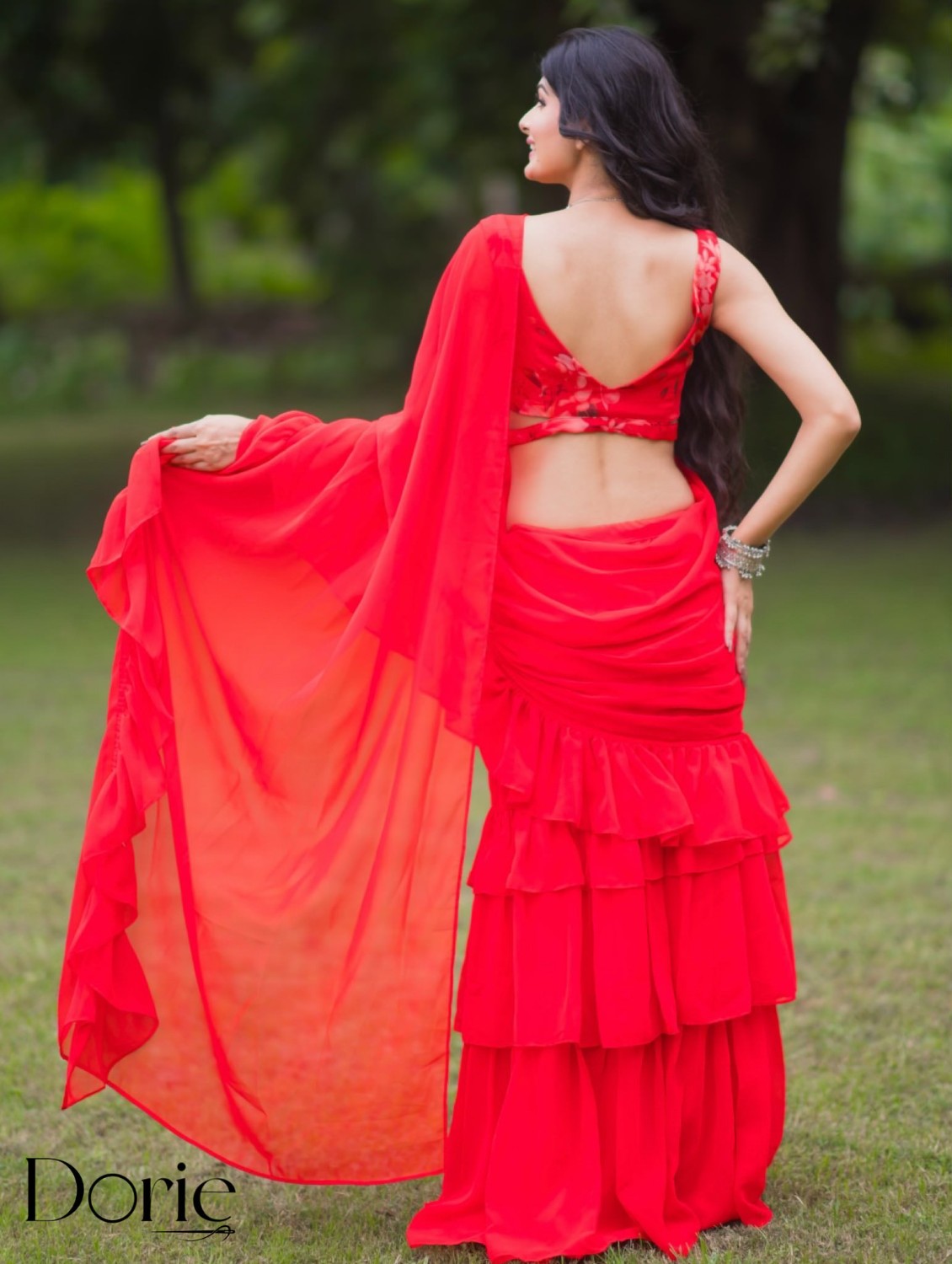 Red Georgette Pre Draped Saree by Dorie