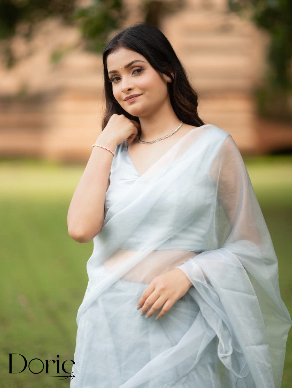 Silver Organza Pre Draped Saree by Dorie