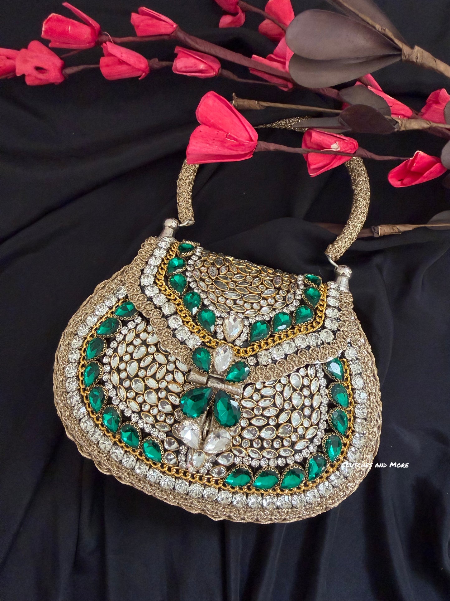 Mehnaaz Kundan Brass Clutch Green Gold White