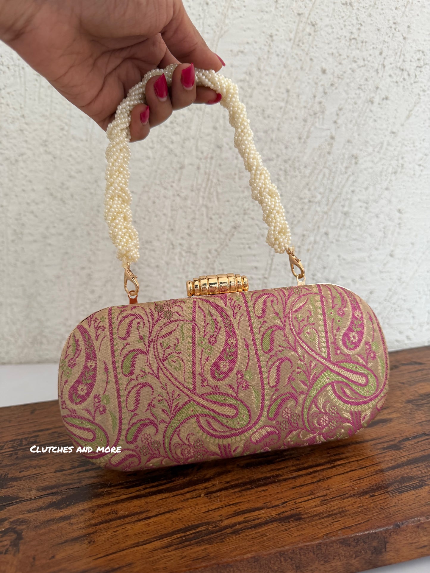 Adaa Banarsi Clutch Pink Green