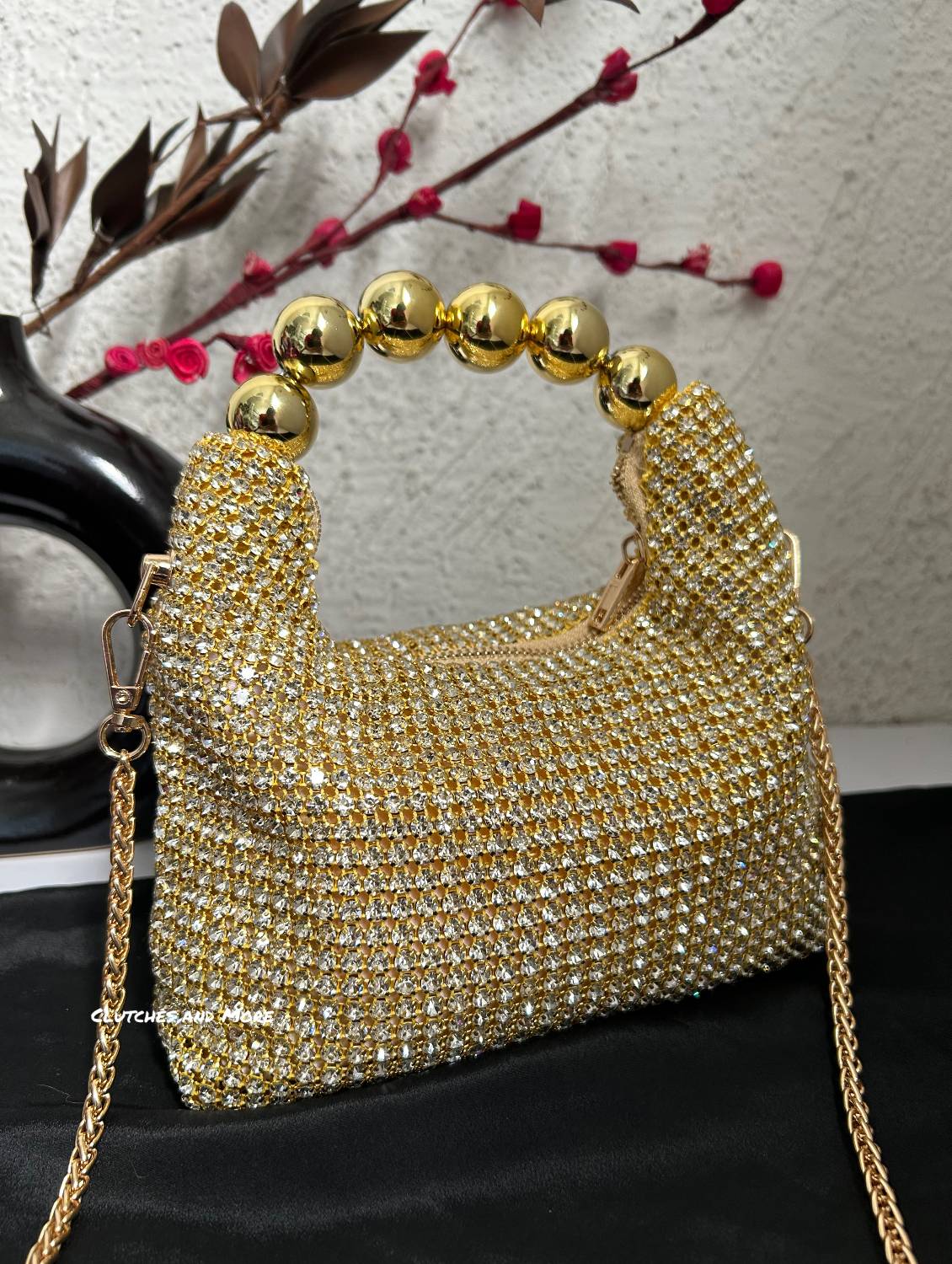 Rhinestone Gold Bag With Pearl Handle