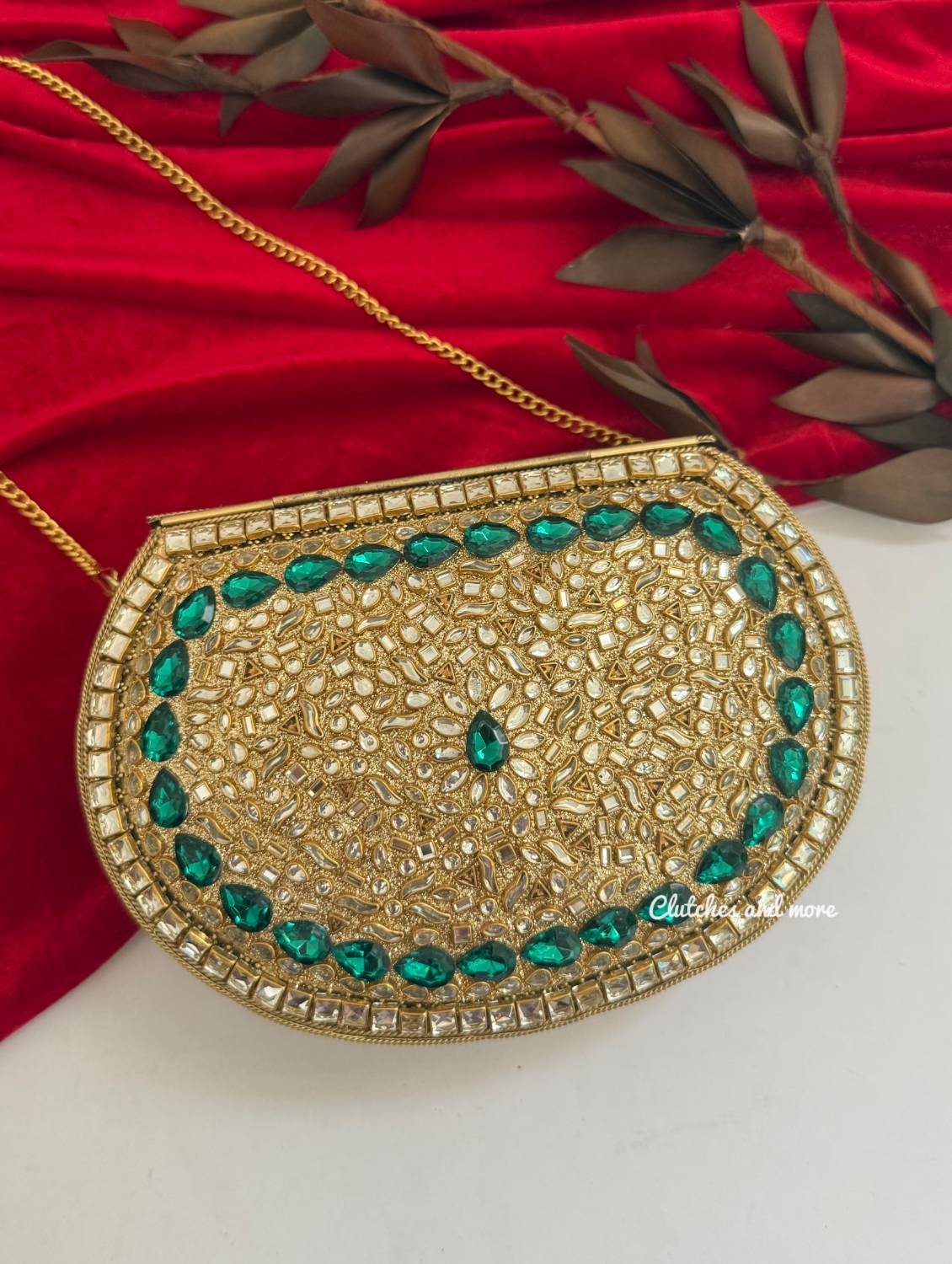 Kasika Kundan Brass Clutch Gold Green