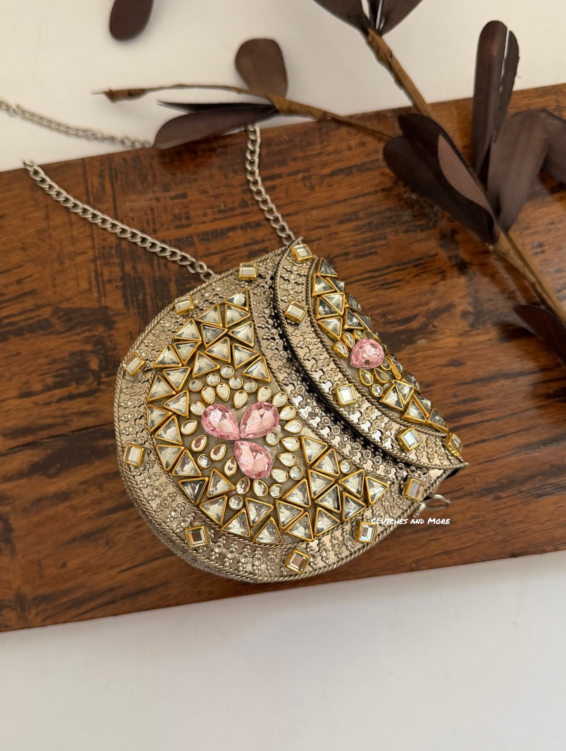 Kasika Kundan Brass Clutch Mini Silver Pink