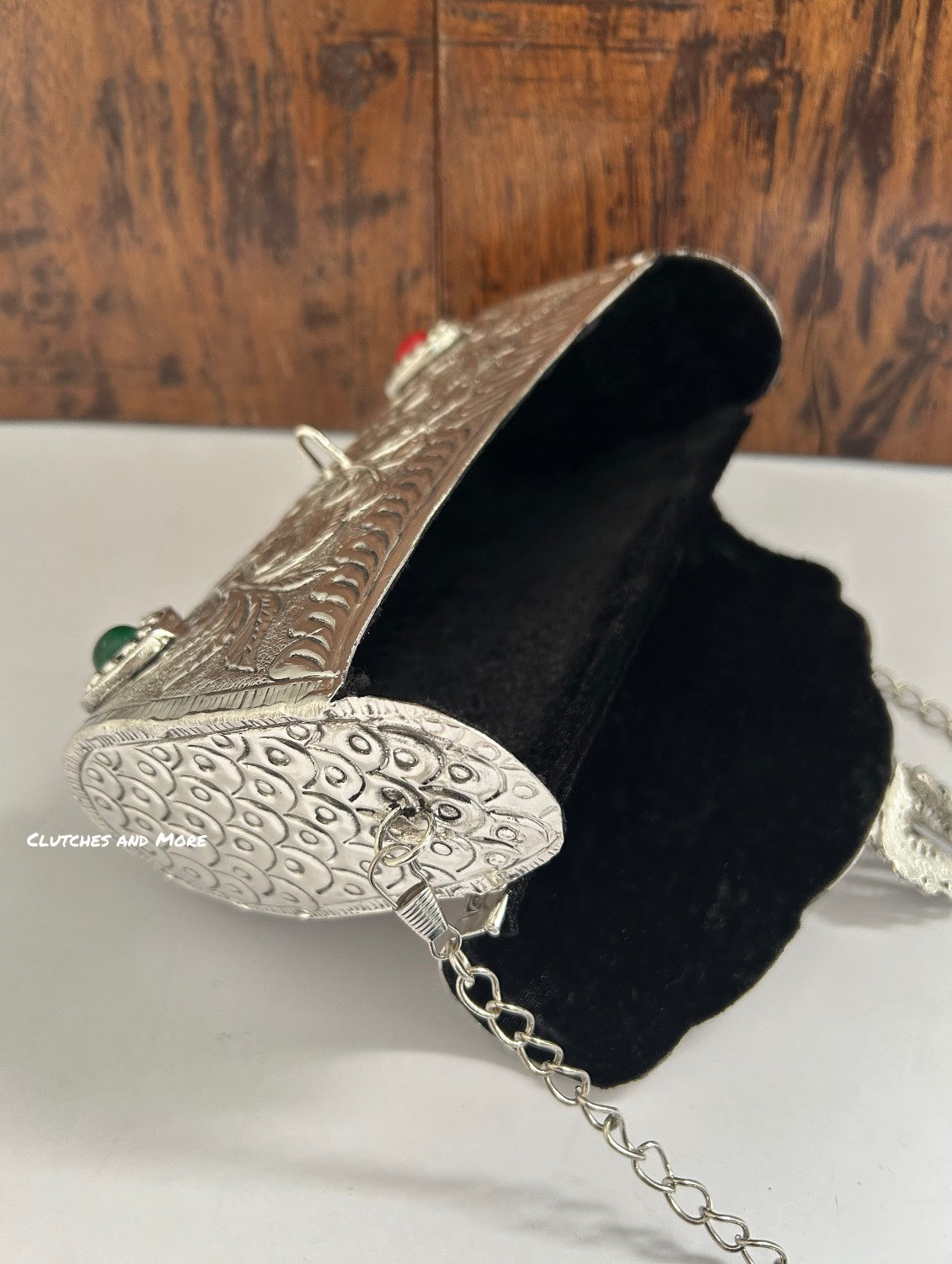 Silver Brass Clutch With Handle and Chain