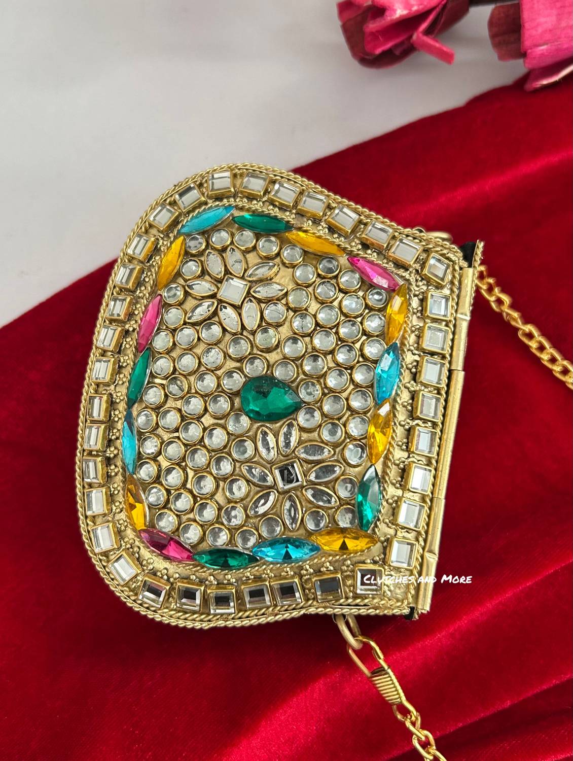 Kasika Kundan Brass Mini Clutch Multicolored