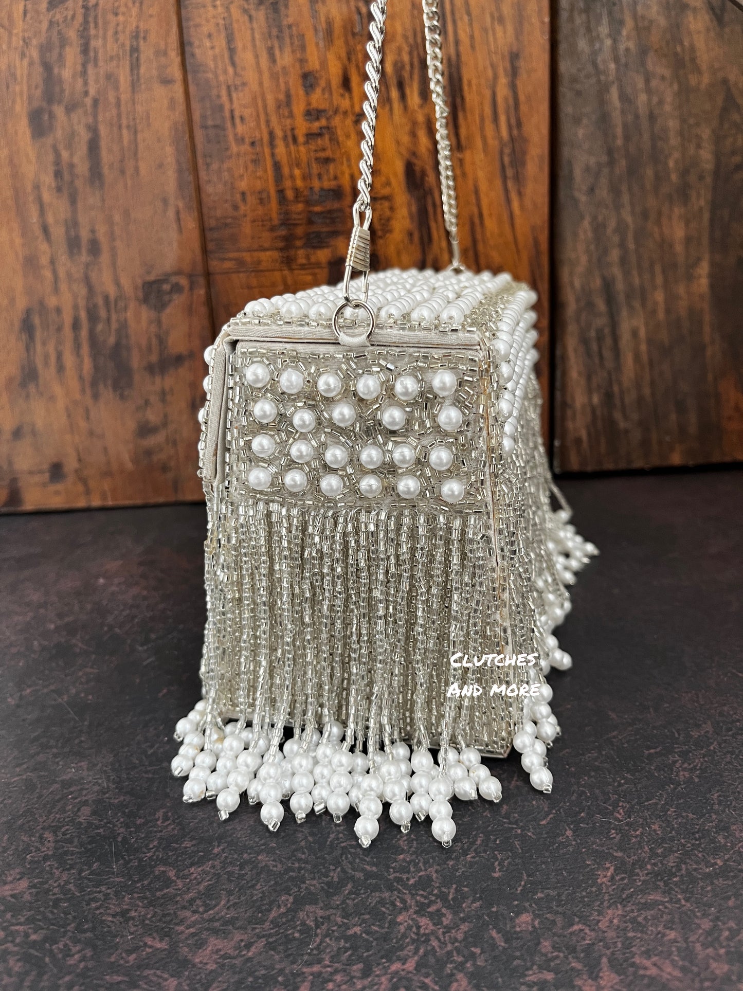 Silver and pearl box clutch