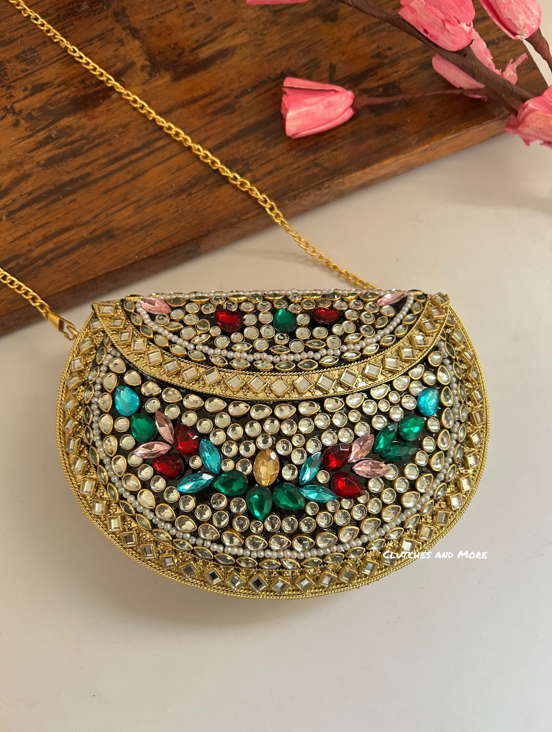 Kasika Kundan Brass Clutch Multicolored