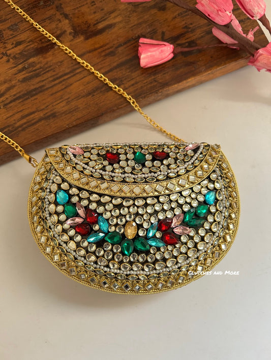 Kasika Kundan Brass Clutch Multicolored