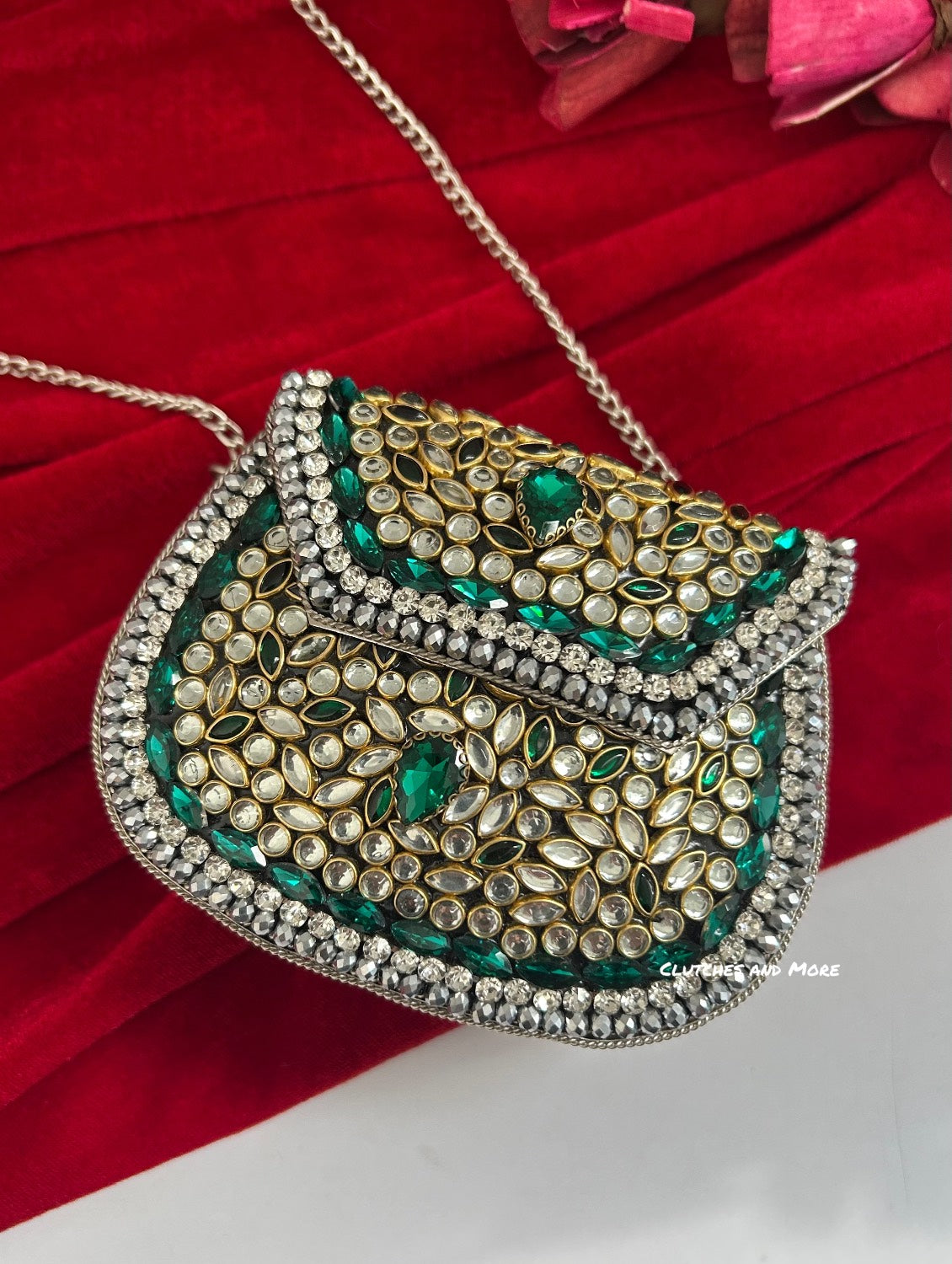 Kasika Kundan Brass Clutch Mini Silver Green