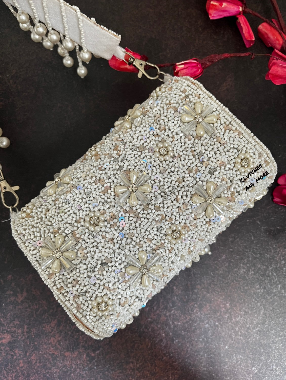 White Pearl Droplets Flap Bag