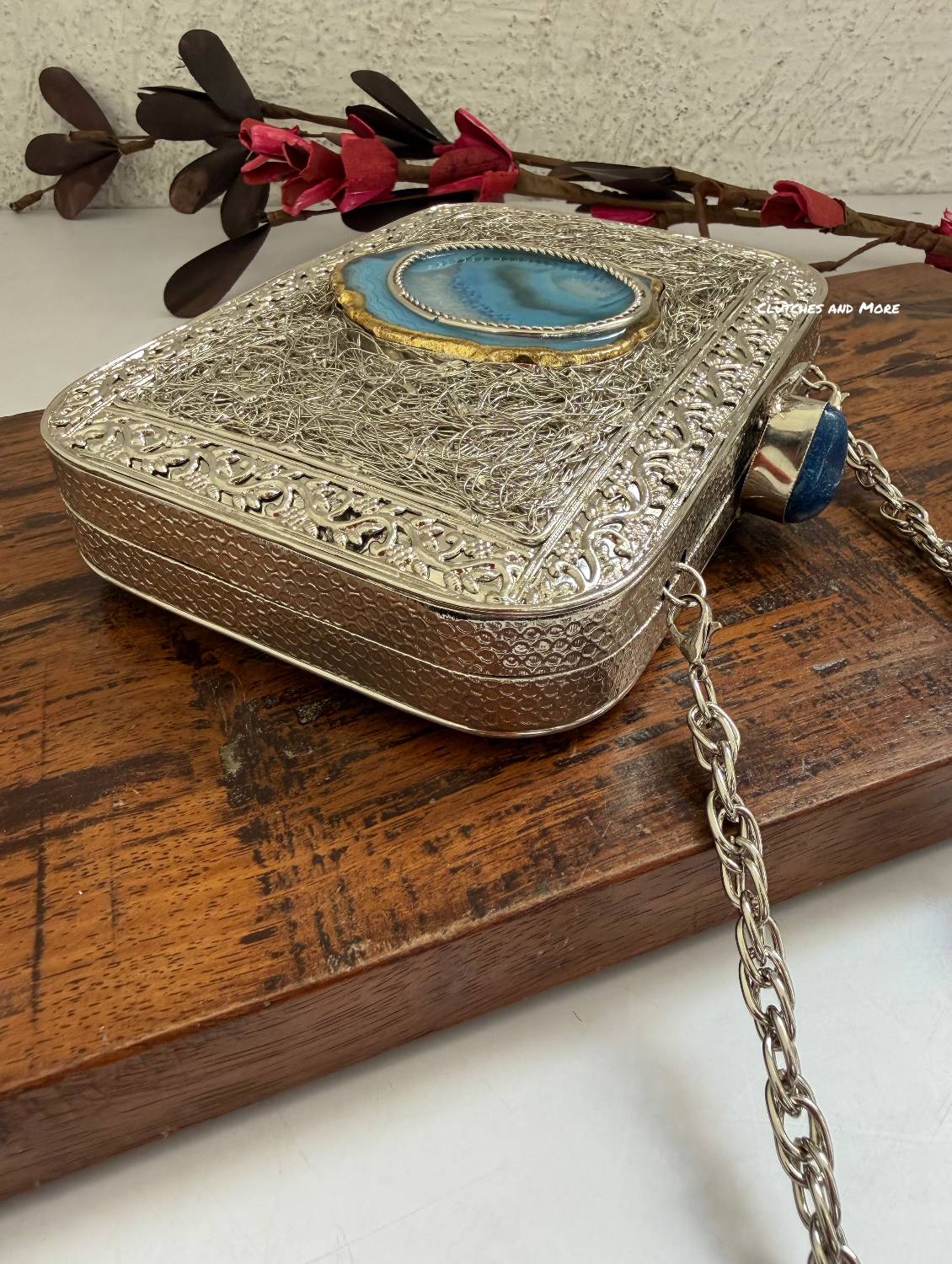 Aqua Mother of Pearl luxury clutch Silver