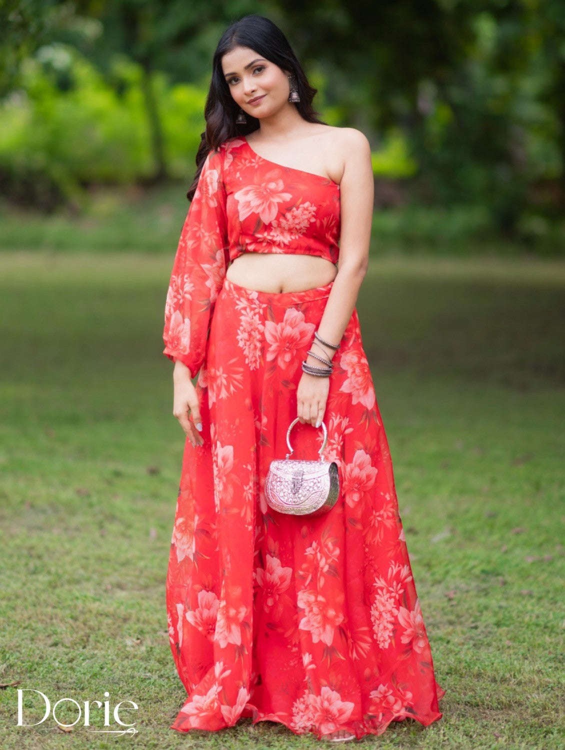 Red Organza Lehenga by Dorie