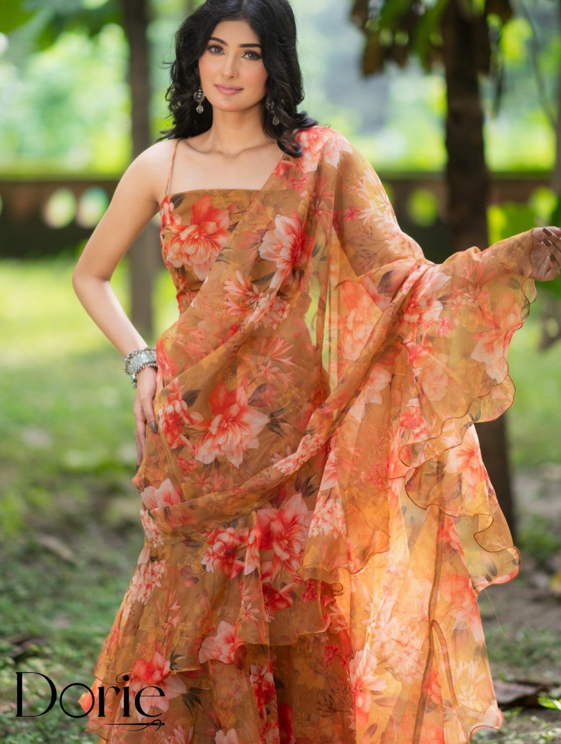 Mustard Yellow Organza Pre Draped Saree by Dorie