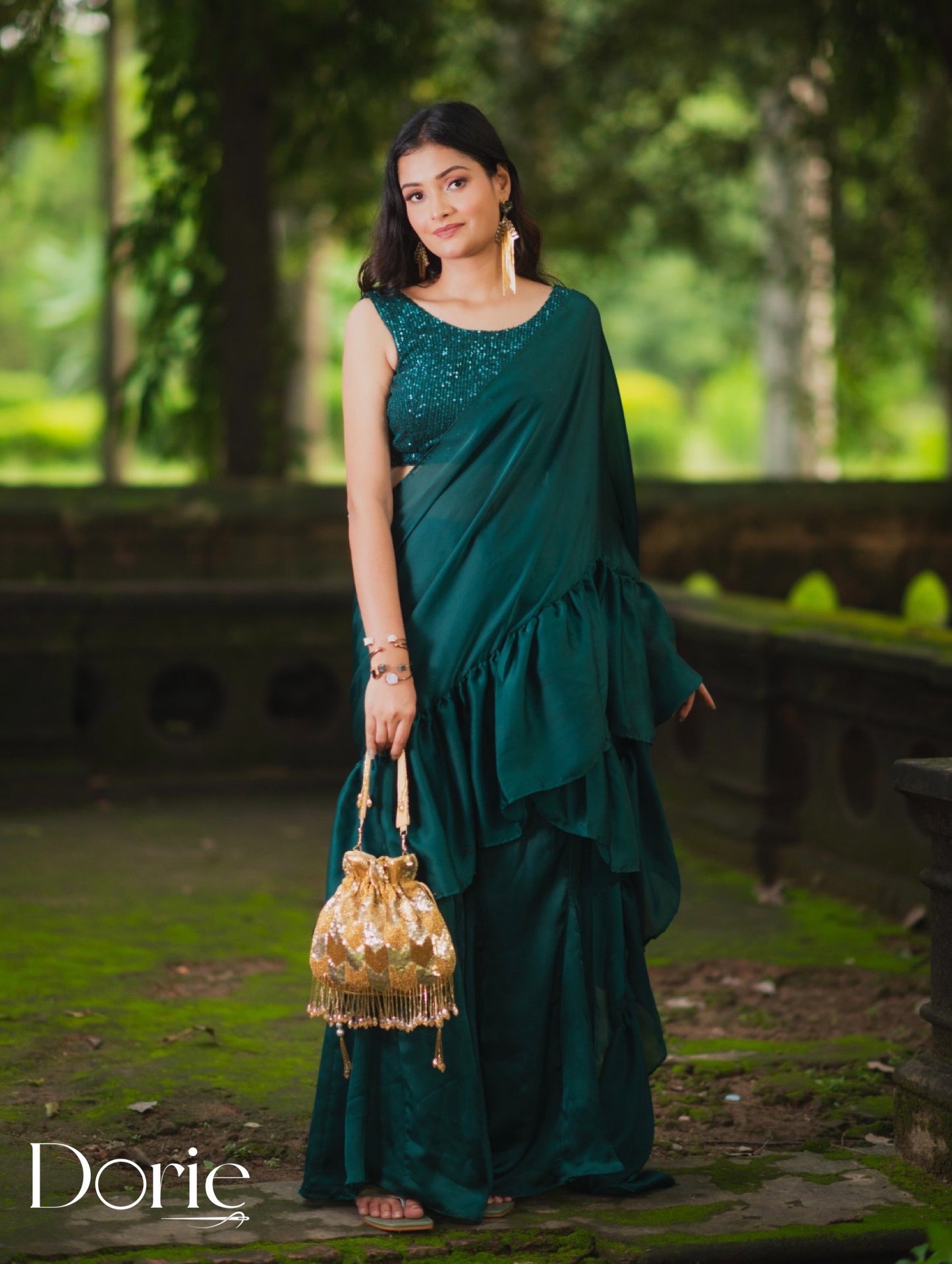 Green Satin Pre Draped Plazzo Saree by Dorie