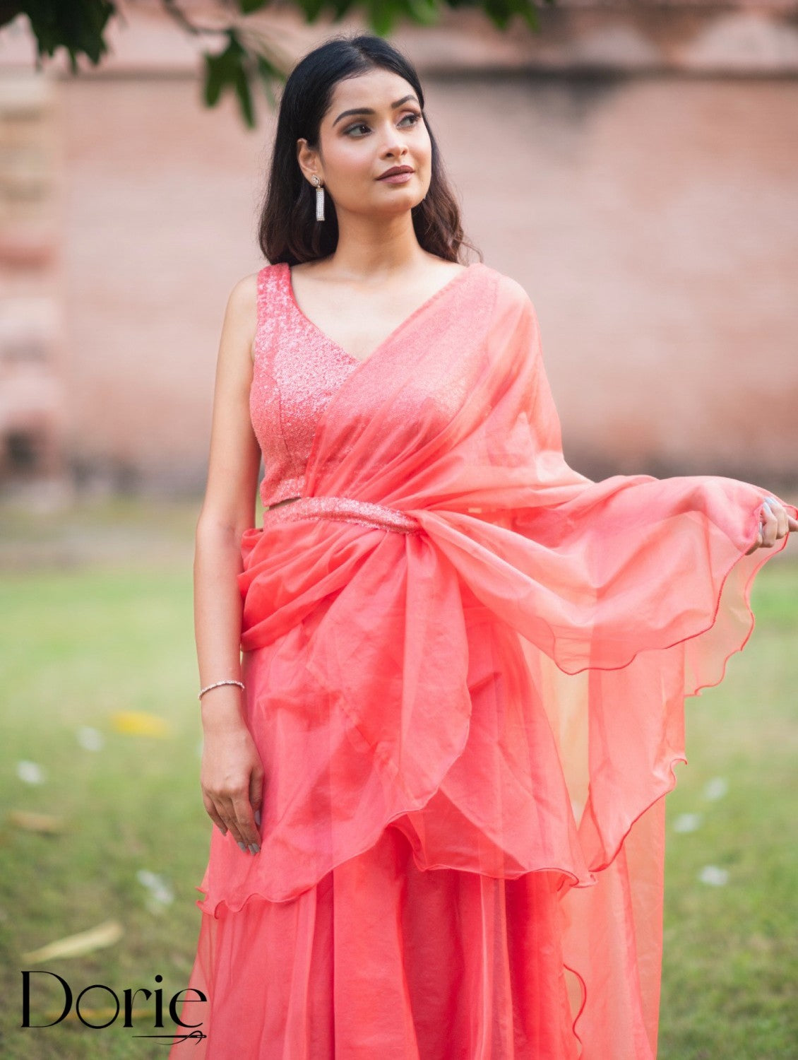 Peach Organza Pre Draped Saree Lehenga by Dorie