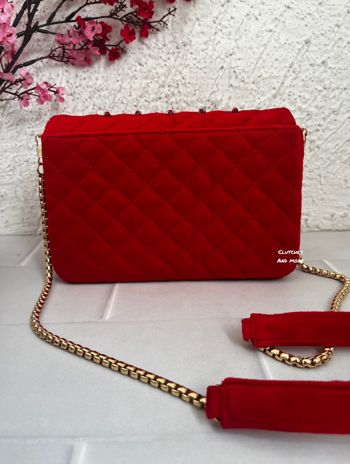 Stone Studded Red Flap Clutch Bag