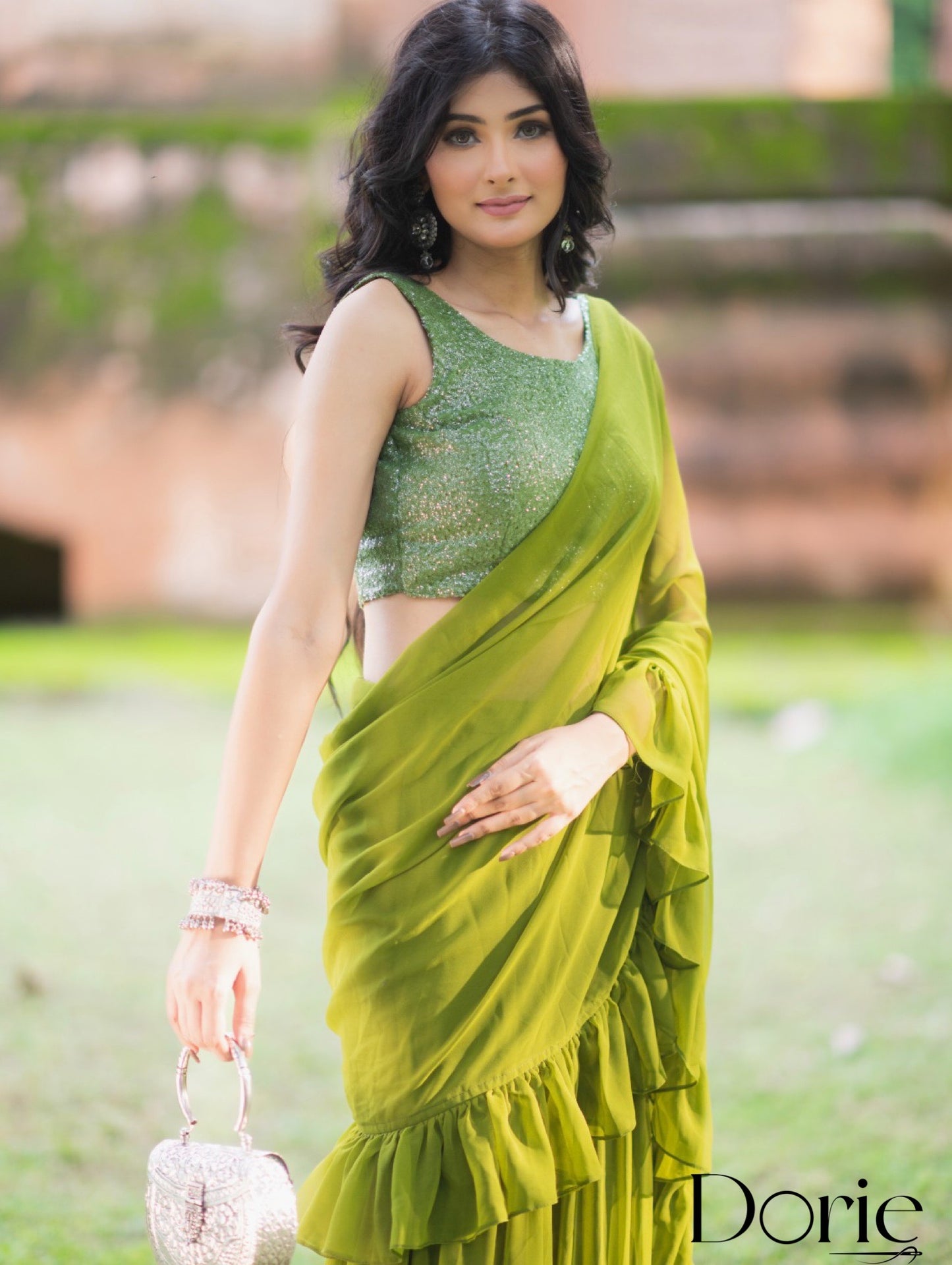 Green Georgette Pre Draped Sharara Saree by Dorie