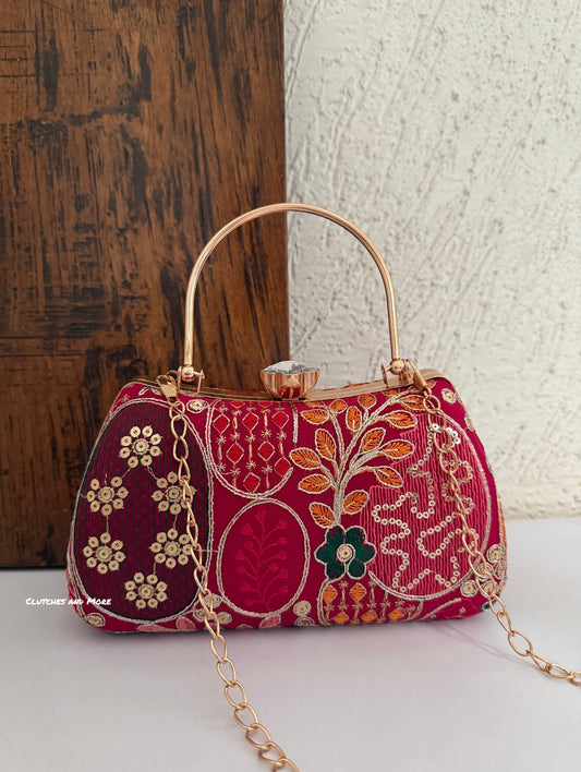 Lakhnawi Chikankari Box Clutch Hot Pink