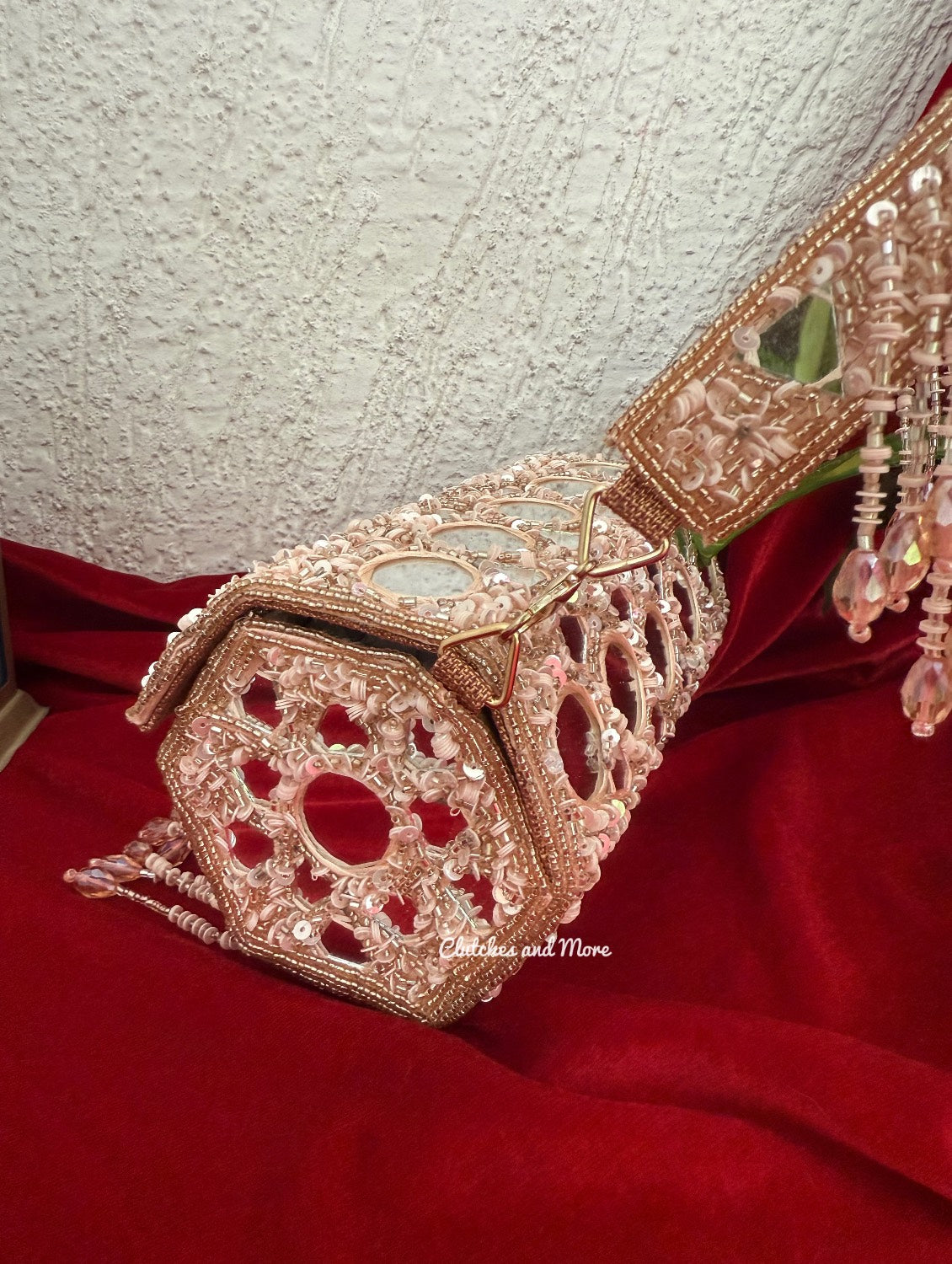 Cylindrical Mirror Bag with Tassles Rose Gold