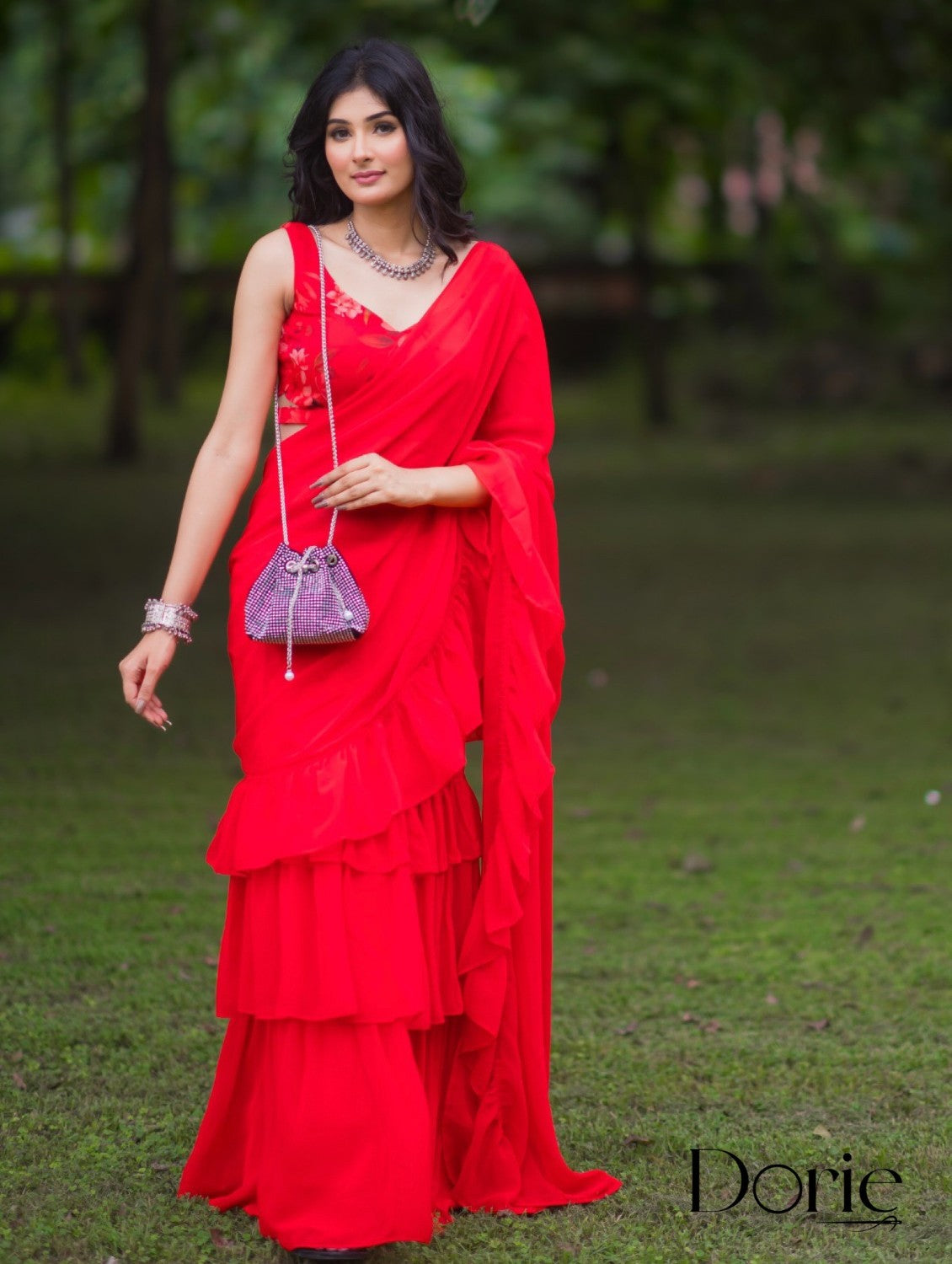 Red Georgette Pre Draped Saree by Dorie