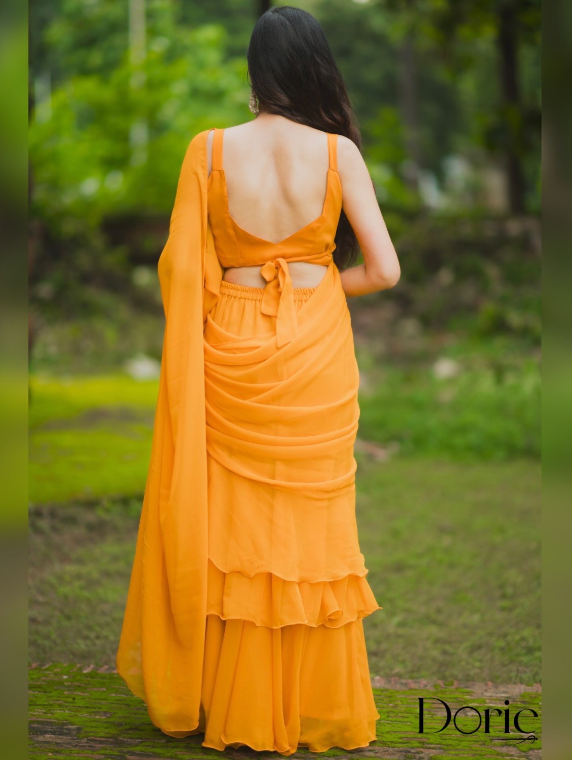 Yellow Georgette Pre Draped Saree by Dorie