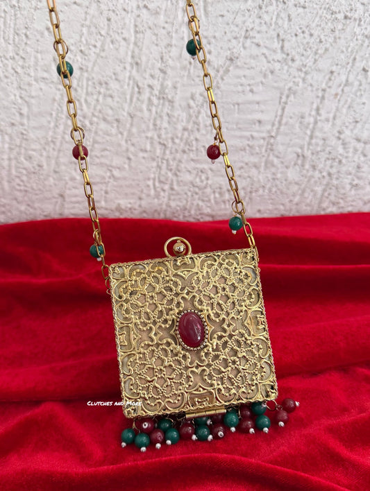 Mumtaz Mini Metal Jaal Bag Gold Multi