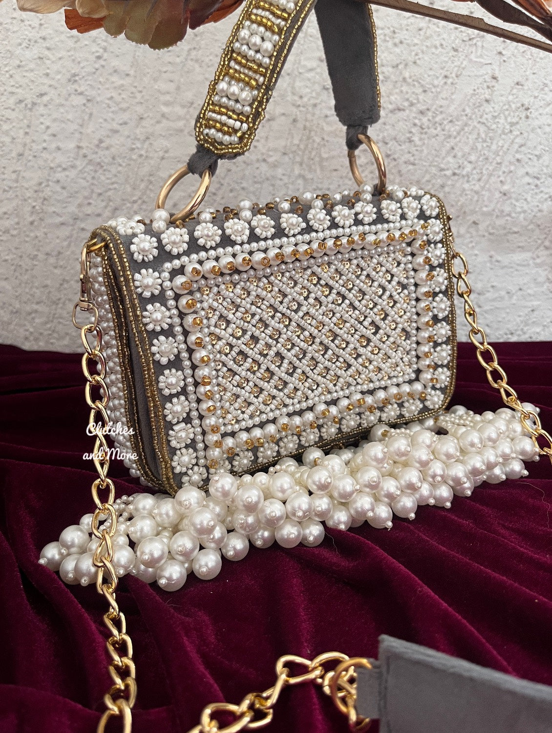 Premium Pearl Tassel Flap Bag Grey